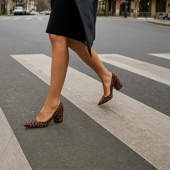 STUART WEITZMAN Cappuccino Ghepardo Suede Leopard Print Pointed Toe Block Heel 6 - Picture 8 of 8